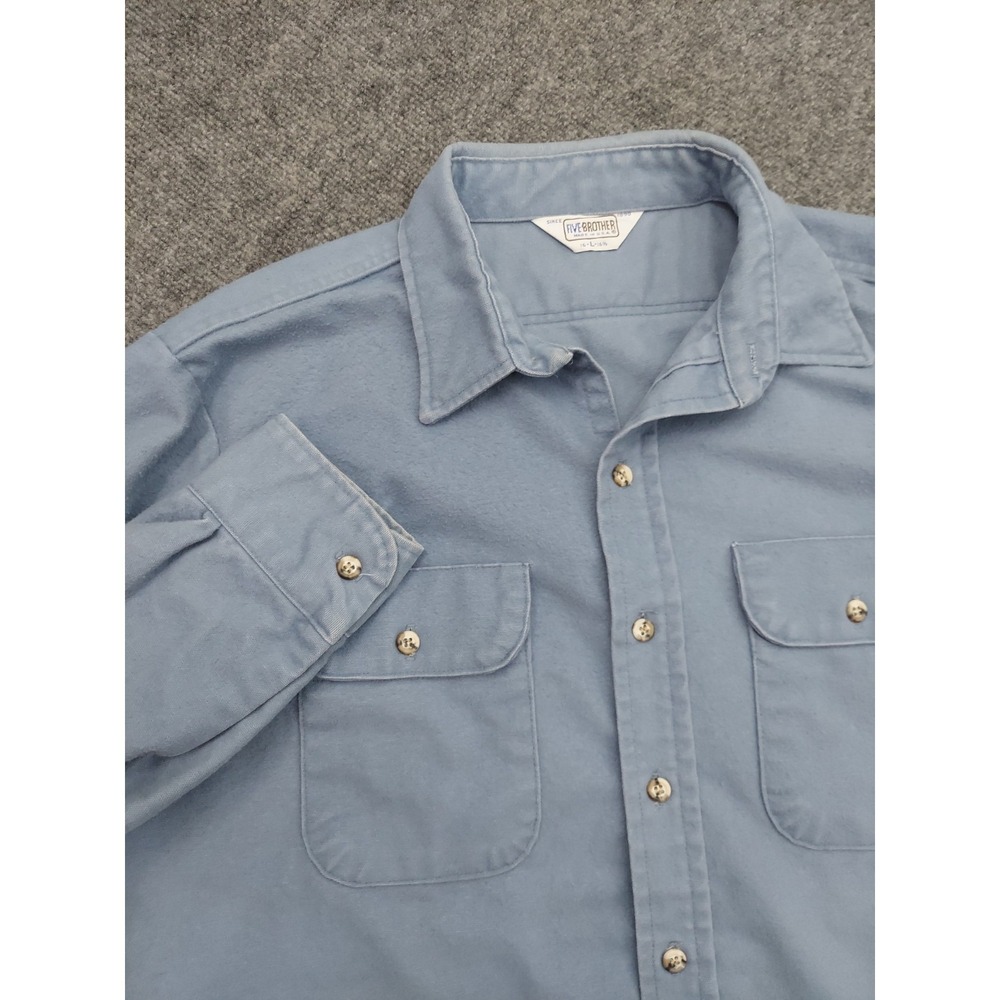 Vtg Five Brother Flannel Shirt Large Blue Button Up Long Sleeve 70's Pockets